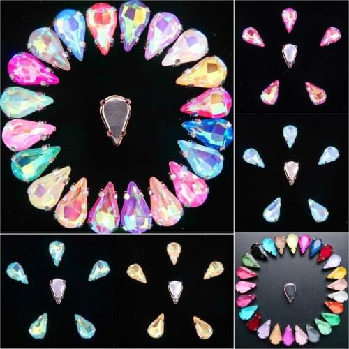 Silver claw settings glass Crystal 50pcs/p jelly candy & AB 8*13mm slim water drop shape Sew rhinestones wedding dress diy trim