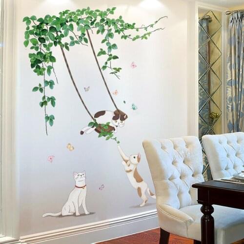 [SHIJUEHEZI] Green Plant Leaves Wall Stickers DIY Cats Animals Mural Decals for Living Room Kitchen Home Door Decoration