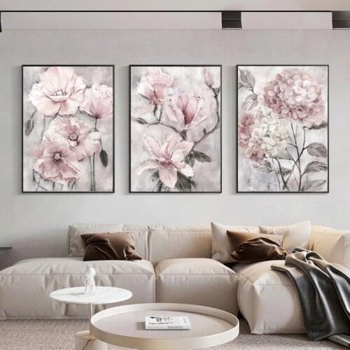 Nordic Retro Pink Flower Printing Poster Minimalist Oil Painting Canvas Painting Wall Art Bathroom Living Room Decoration