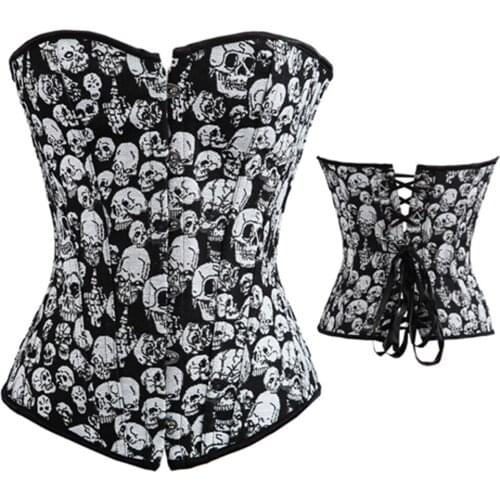 Vintage Burlesque Overbust Corset Skull Sexy Club Bodysuits For Women Halloween Party Club Wear Tops