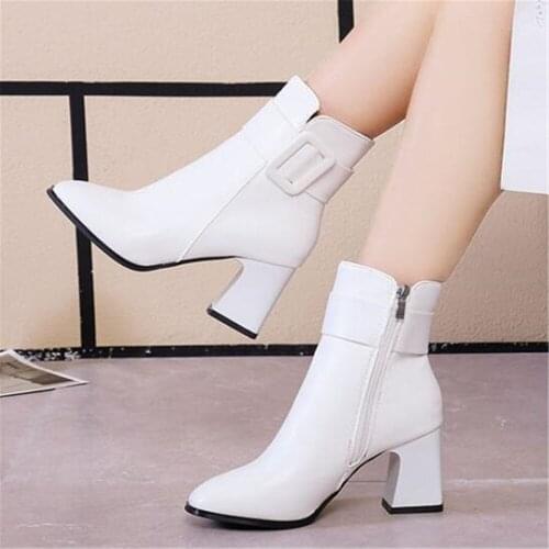 2021 Winter Thick High Heel Short Boots Women Square Toe Keep Warm Elegant Booties Ladies Ankle Buckle Decoration Shoes White