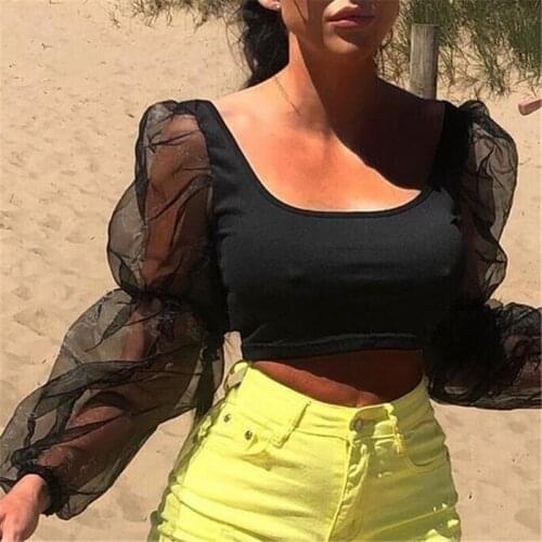 Women Crop Top Fashion Puff Sleeve Square Neck See Through Lace Crop Top Shirt Loose Tee Shirt Solid Color Ladies Shirts T-shirt