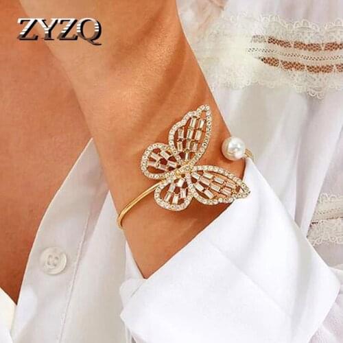 ZYZQ Sweet Temperament Butterfly Women Bangle Wild Imitation Pearl Crystal Open Bangle Fashionable Wedding Jewelry