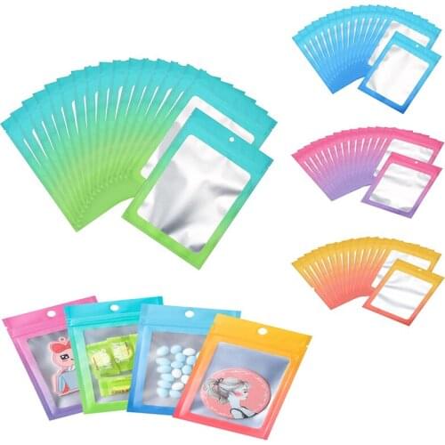 100 Pcs Gradient Color Mylar Sealed Bags With Clear Window Aluminium Foil Porch For Coffee Beans Candy Sample Food Packaging