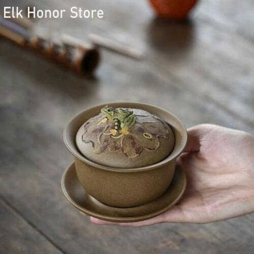 170ml Noble Frog Design Tea Tureen Vintage YIXING Purple Clay Croak GaiWan Tea Bowl With Saucer Lid Kit Master Office Decoration