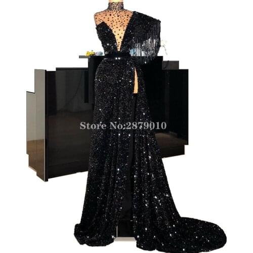 Sparkly Black A-Line Evening Dress Floor-Length Sequins Prom Dress Tassel Robe De Soiree Aibye Slit Vestido de festa 2020 Dubai
