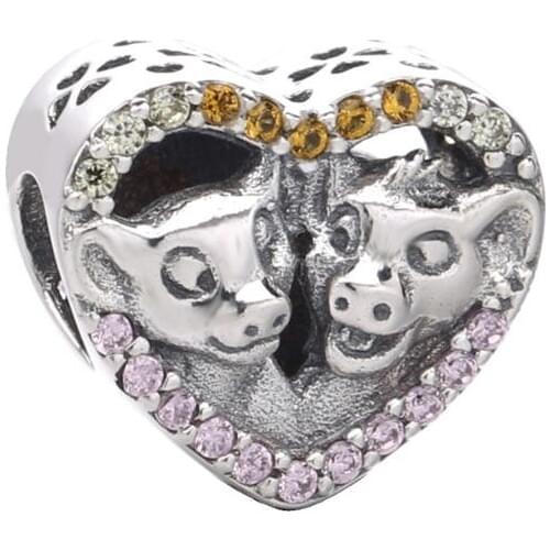 Ajax 2019 Charm 925 Sterling Silver Jewelry Heart With Double Pig Head Silver Beads Fit Bracelets For Women