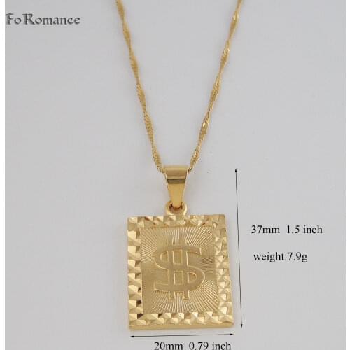 Foromance/ YELLOW - GOLD GP color OVERLAY FILLED BRASS 18" water wave or 24" figaro NECKLACE & US DOLLAR SIGN RECTANGLE PENDANT