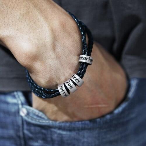 Personalized Men Black Leather Bracelet Small Custom Beads in Silver - Custom Engraved Christmas Gift for Him, Men, Boyfriend