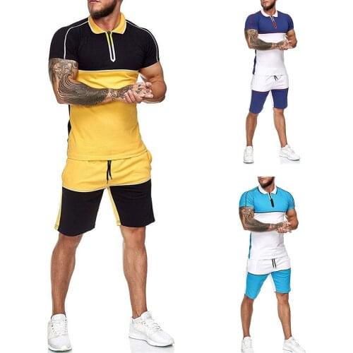 New Men Two Pieces T Shirt Shorts Short Sleeve stripe Stitching Male suit Casual Tracksuit Set Sweatsuit Patchwork Mens Sets