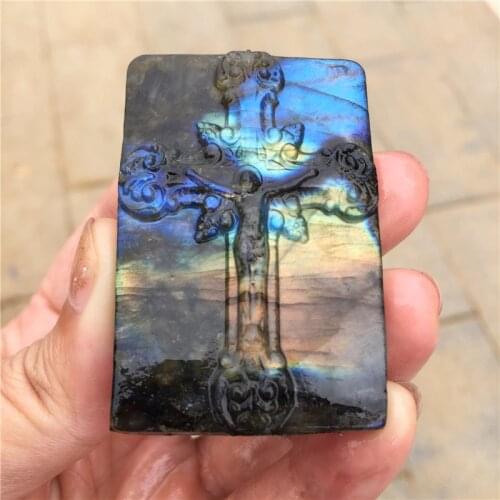 Flashing Natural Stone Labradorite Hand Made Carved Cross Labradorite Crystal Fashion Carved Figurine Gifts
