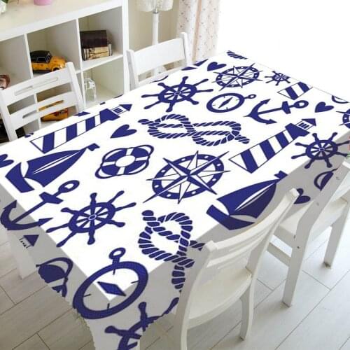 Nautical Navy Blue Anchor Wheel Rope Lighthouse Birthday Party Table Decor Sea Marine Table Cloth Cover Square Tablecloth Table
