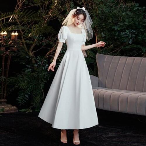 Newest White Short Sleeve Wedding Dresses Ankle Length Square Collar A Line Korean 2021 Bridal Gown Plus Size Vestido de Novia