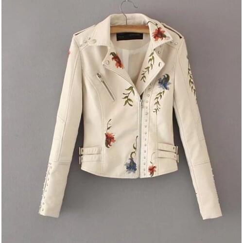 New Spring Autumn Leather Jacket Coat European Style Full Sleeve Rivet Embroidery Turn-down Collar Zippers Women Slim Coat Tide