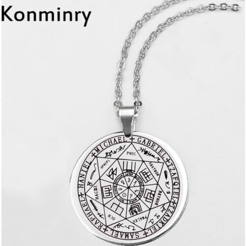 Konminry Religious Letter Sign Stainless Steel Necklace Round Pendant Link Chain Seals Of The Seven Neckalce New Jewelry