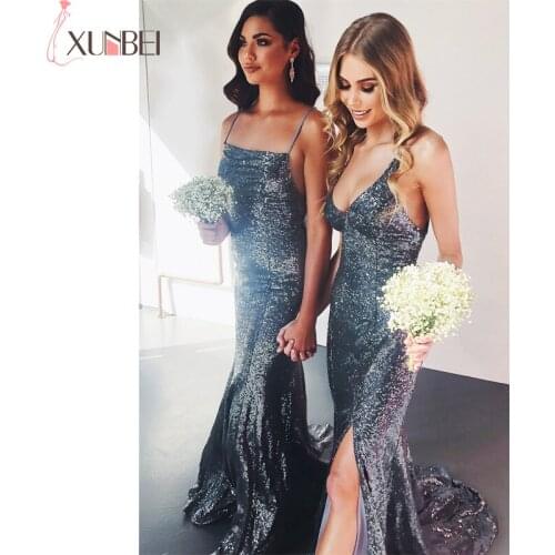Backless Sexy Bridesmaid Dresses High Split Sequined Long Spaghetti Straps Formal Wedding Guest Dress vestidos fiesta boda