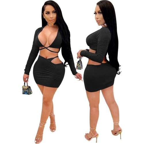 Sexy Bandage Club Outfit 2 Piece Set Long Sleeve V Neck Crop Top and Mini Skirt Women Fall Autumn Night Party Clubwear Clothing