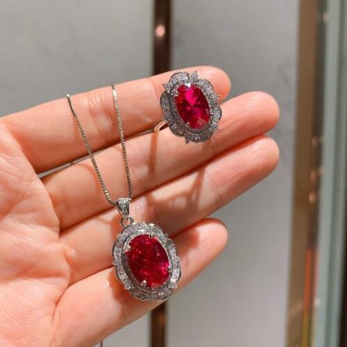 S925 Silver Needle European And American Pigeon Blood Ring Necklace Jewelry Set Ring Main Stone 8*12 Pendant 10*14