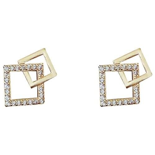 Zircon Micro Inlaid 925 Silver Needle Plated 14K Three-dimensional Overlapping Square Geometric Stud Earrings Earring Cuffs