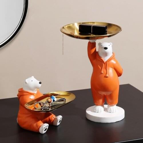 Nordic Home Decor Aesthetic Room Resin Statue Figurine Cute Kids Decoration Living Room Office Polar Bear Tray Accessories Gift