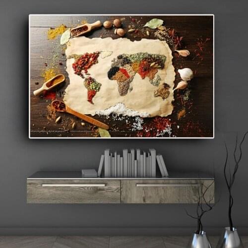 Modern World Map with Spice Posters and Prints Wall Art Canvas Painting Wall Pictures for Dining Room Home Decoration No Frame