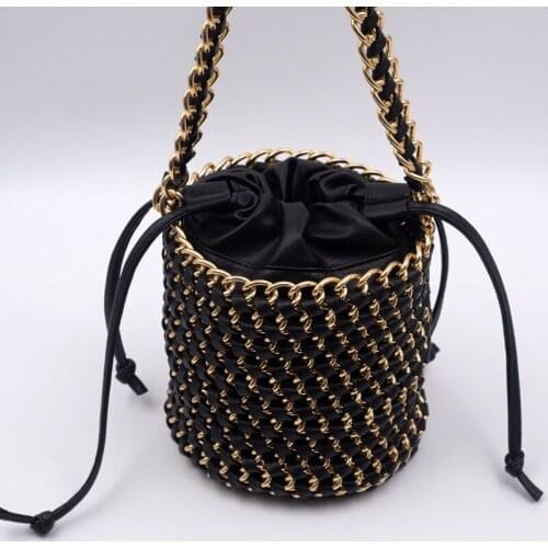 FIRMRANCH Womens Handbag 2021 New Fashion Black Chain Braided Drawstring Bucket Bag Banquet Party Dating Shopping Shoulder Bag