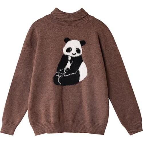Turtlenek Sweaters For Women Ladies Cartoon Panda Embroidery Cute Knitted Pulover 2020 Winter Teenagr Girl Long Sleeve Warm Tops