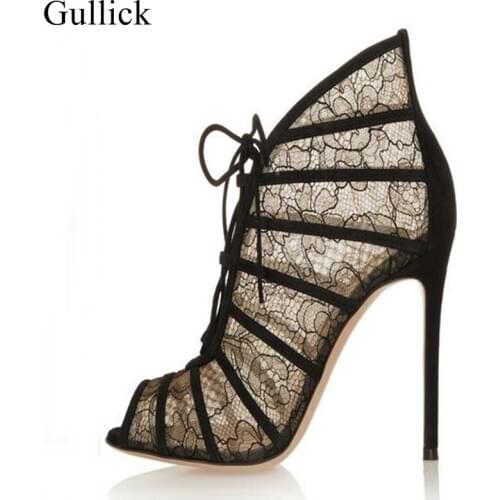 Gullick Brand Sexy Black Mesh Vamp Style High Heel Pumps Peep Toe Lace-up Cut-out Gladiator Sandals Boots Women Thin Heels Shoes