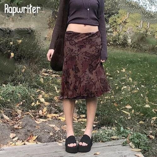 Rapwriter Gothic Patchwork Skirt Vintage Floral Midi Skirt Women High Waist Straight Skirt Trendy Party Skirt Harajuku Costume
