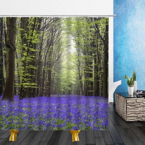 Landscape Shower Curtain Trees Purple Flowers Forest Natural 3D Waterproof Polyester Cloth Bathroom Curtains Screen With Hooks