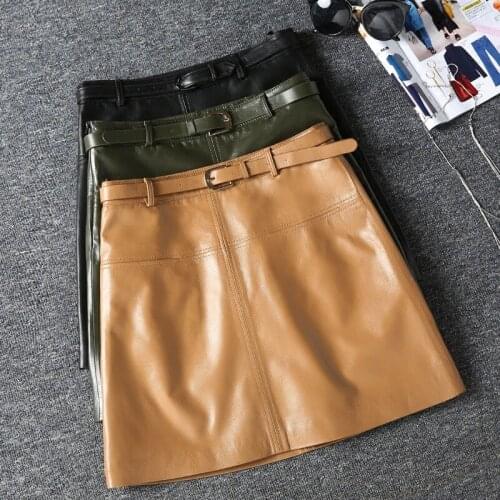 Office Lady Genuine Leather Slim Skirt With Belt Women Sheepskin Real Leather A-Line High Waist Sexy Mini Skirts Female Spring
