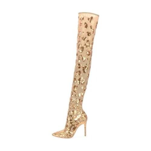 Spring New Women Fashion Gold Pointed Toe Zip Back Stiletto Heel Sequins Bling Bling Slim Thigh Over The Knee Long Boots Lady