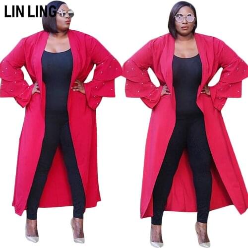 Autumn Cardigan Red V-neck Lotus Sleeve Sexy Fashion Pin Bead Long Loose Light Trench Coat for Women
