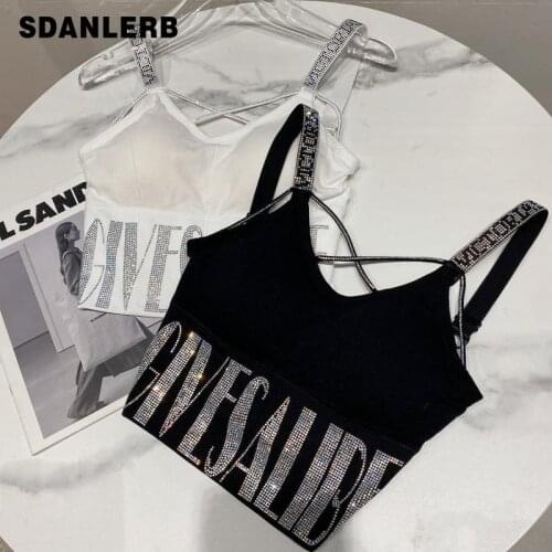 2021 Autumn Outerwear Crop Top New Hot Rhinestone Letter Shoulder Strap Slim Fit Spaghetti-Strap Padded Tube Top for Women