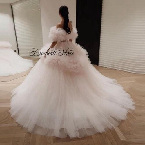 Princess Blush Pink Puffy Tulle Prom Gowns Elegant Off The Shoulder A-line Formal Party Dresses For Women Bridal Gowns Vestidos