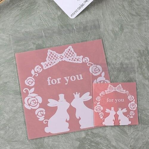 20pcs Plastic Transparent Pink Rabbit Candy Cookie Gift Bag with DIY Self Adhesive Wedding Birthday Party Bread Baking Supplies