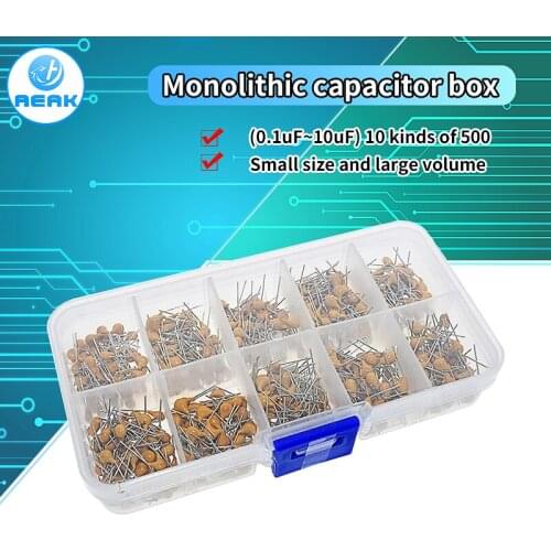 500pcs/lot 10Values*50pcs 0.1uF-10uF(104~106) 50V Multilayer Ceramic Capacitors Assorted Kit Assortment Set with Storage Box