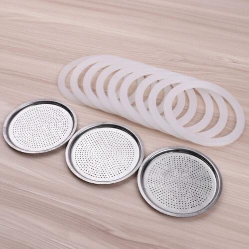 9 Pieces Silicone Gaskets and 3 Pieces Stainless Steel Filter Replacement Compatible with 9 and 12 Cup for Coffee Moka Express