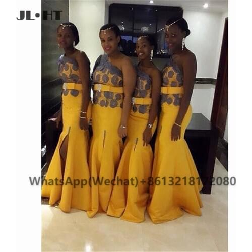 African Yellow Mermaid Bridesmaid Dresses with Grey Lace Sashes Elastic Satin Black Girls Wedding Party Bridesmaid Dress