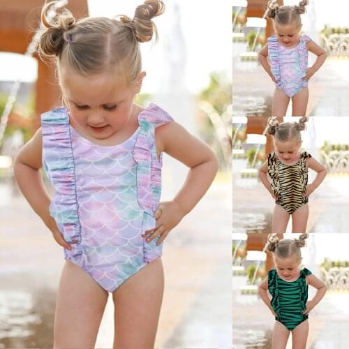 Toddler Kids Baby Girl Clothes Sleeveless Bikini Striped Swimwear Mermaid Scale Print Swimsuit One-Piece Outfits Kids Beachwear