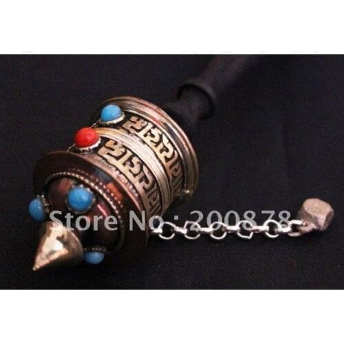TBC824 Tibetan brass Prayer Mani Wheel,carved six words mantras,wooden handle,7