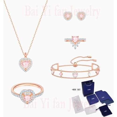 SWA Necklace Earrings Bracelet Ring New Set Rose Gold Charming Pink Heart-shaped Crystal Set Ladies Engagement Jewelry Gift