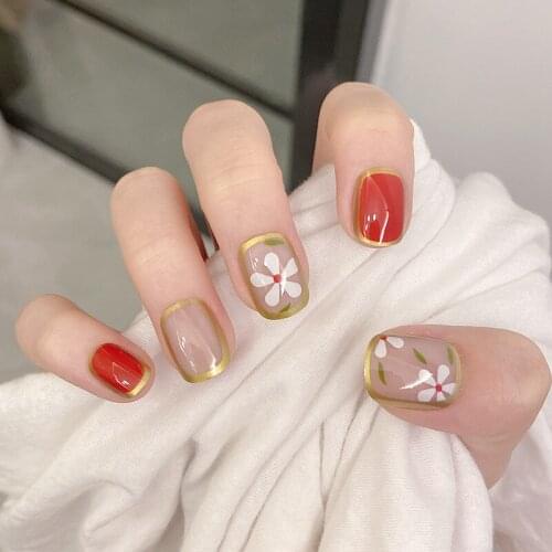 24pcs Flower Printed Nail Patch with Phnom Penh Glue Type Removable Short Paragraph Fashion Manicure False Nail Patch NE