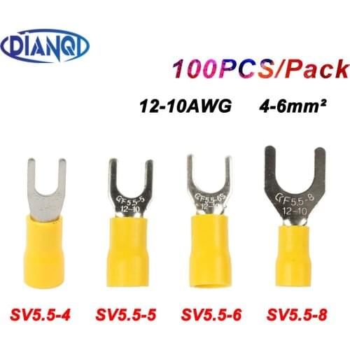 DIANQI SV5.5-6 Yellow Furcate terminals Cable Wire Connector 100PCS 16~14AWG Yellow Furcate Fork Spade Crimp Terminals SV5-6 SV