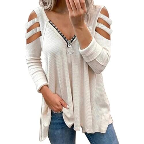 New Arrival Womens Loose T-shirt Off-Shoulder Solid Color Tees Female Zipper V-neck Long-sleeved Hollow Pullover Autumn 2021