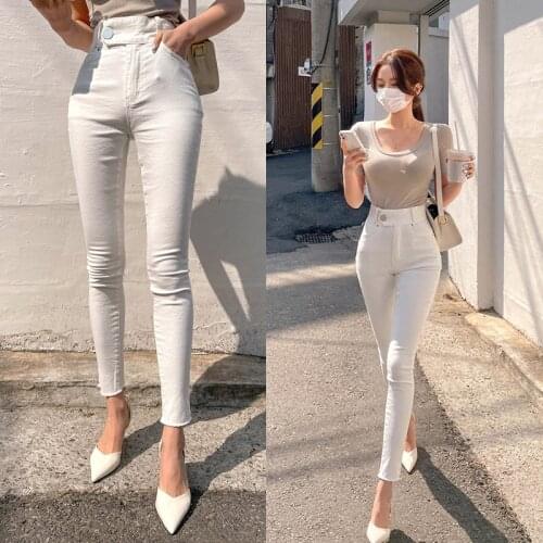 Korean Fashion One Button High Waist Jeans Frayed Skinny Pants Pants 2021 Summer Women xs jeans
