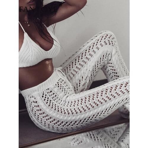 Fantoye Knitted High Waist Pants Women 2020 Hollow Out Crochet Flower Spring Straight Slim Sexy Clubwear Women Trousers Bottoms