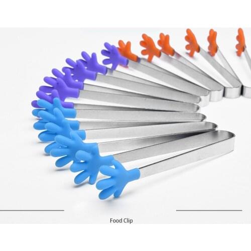 1Pc Salad Serving BBQ Tongs Stainless Steel Handle Utensil Creative Hand Shape Kitchen Cooking Tools Mini Silicone Food Clip