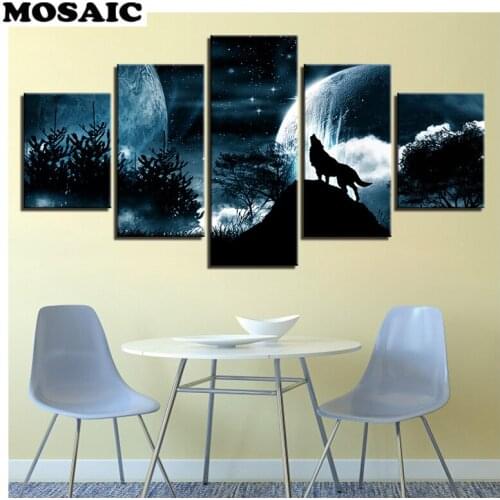 5 Piece Canvas painting Moon Night Forest Wolf DIY Rhinestone Embroidery Diamond Painting 3D Cross-Stitch full Mosaic Decoration
