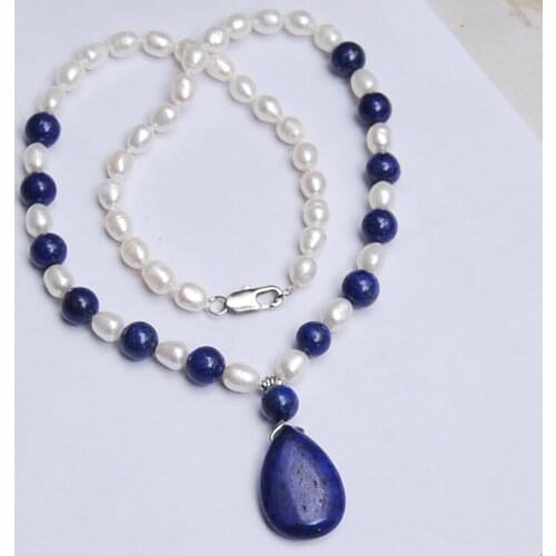 7-8MM White Akoya Pearl/ Lapis Lazuli Pendant Necklace 18"